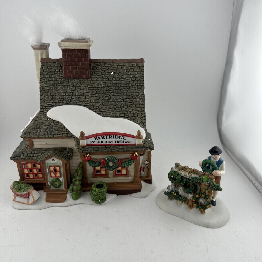 Dept 56 New England Village Partridge Wreath Shop Set of 2 Christmas Village
